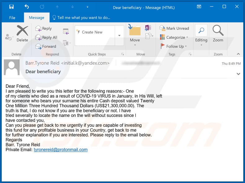 variante sur le thème covid de l'escroquerie par e-mail d'héritage du bénéficiaire