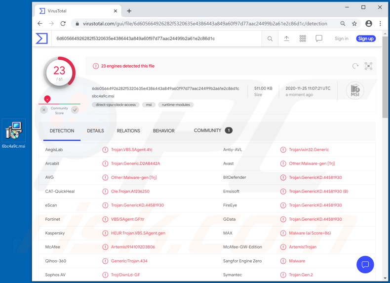 Chaes malware (faux installateur) détections sur VirusTotal