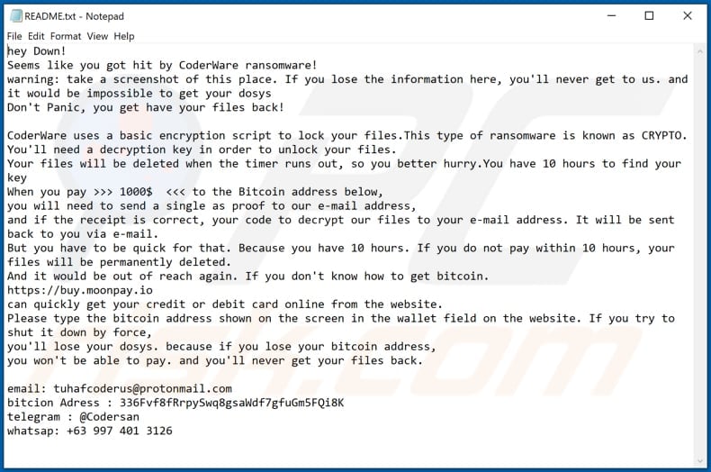 Fichier texte du ransomware CoderWare (README.txt)