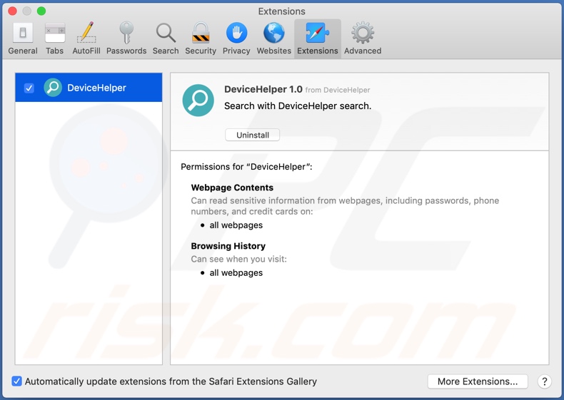 Logiciel publicitaire DeviceHelper installé sur Safari