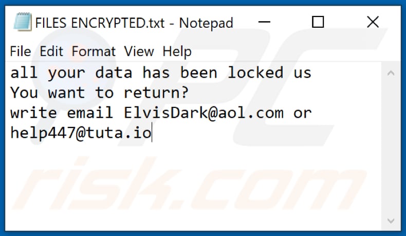 Fichier texte du rançongiciel Elvis (FILES ENCRYPTED.txt)