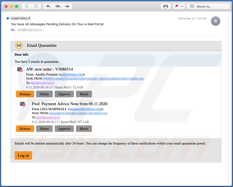 Email Quarantine escroquerie campagne de spam par e-mail