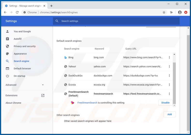 Suppression de freestreamsearch.com du moteur de recherche par défaut de Google Chrome
