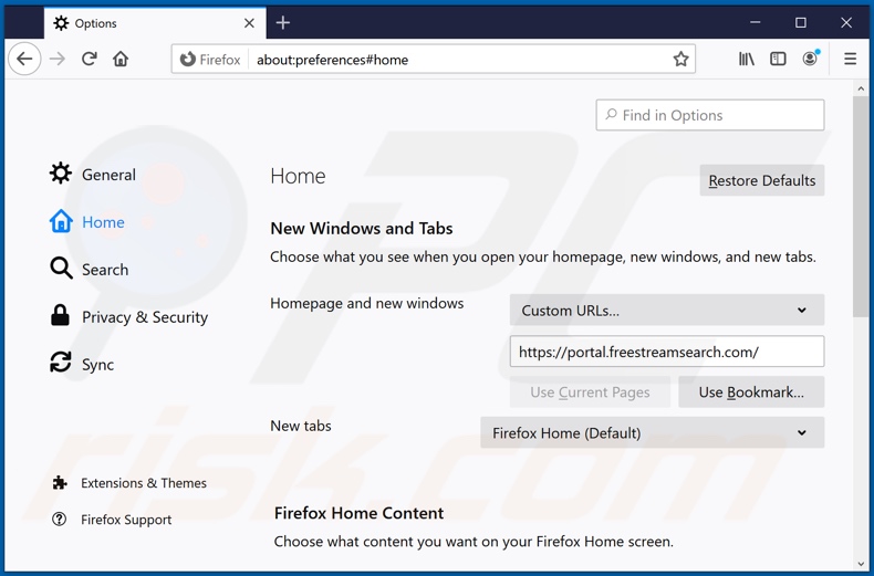 Suppression de freestreamsearch.com de la page d'accueil de Mozilla Firefox