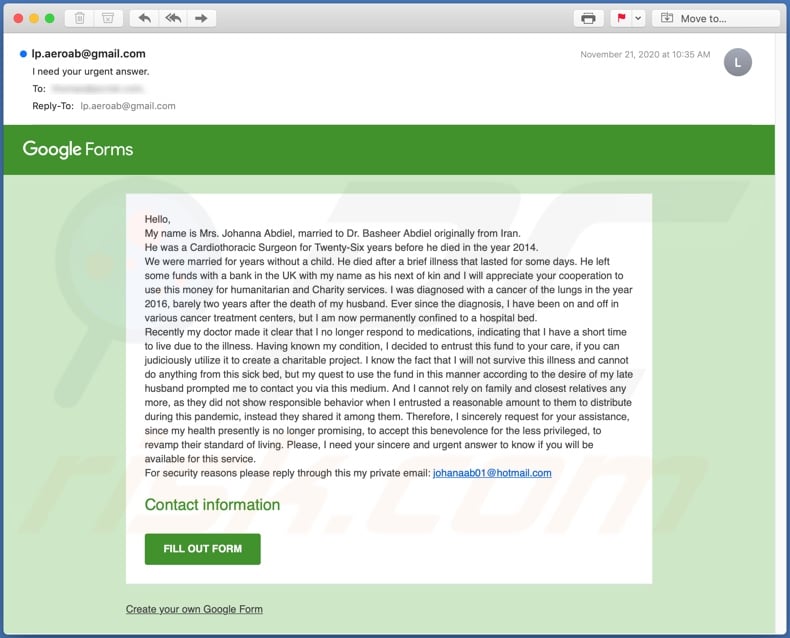 Campagne de spam par e-mail Google Forms Email Scam