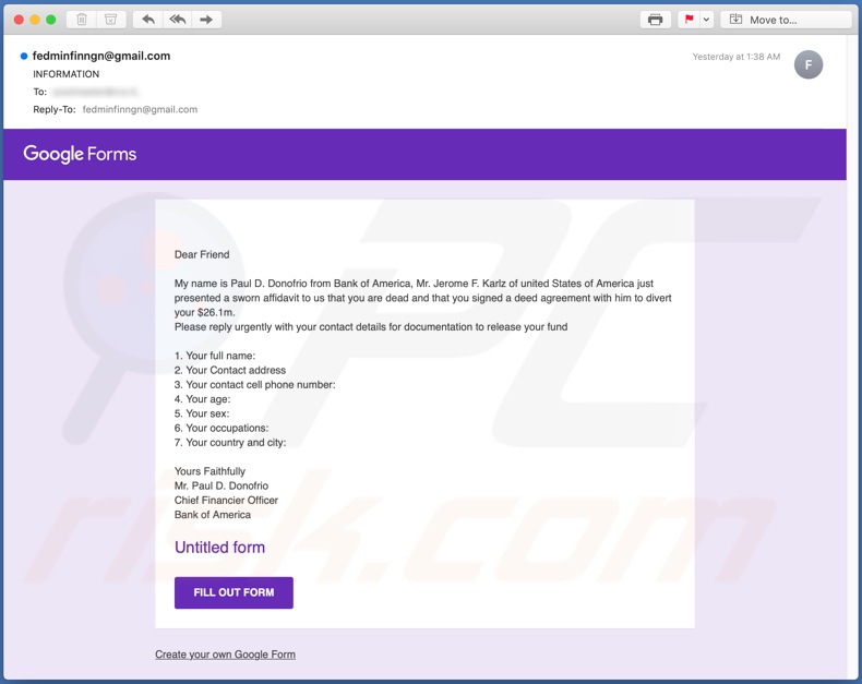 Google Forms Email Scam deuxième variante