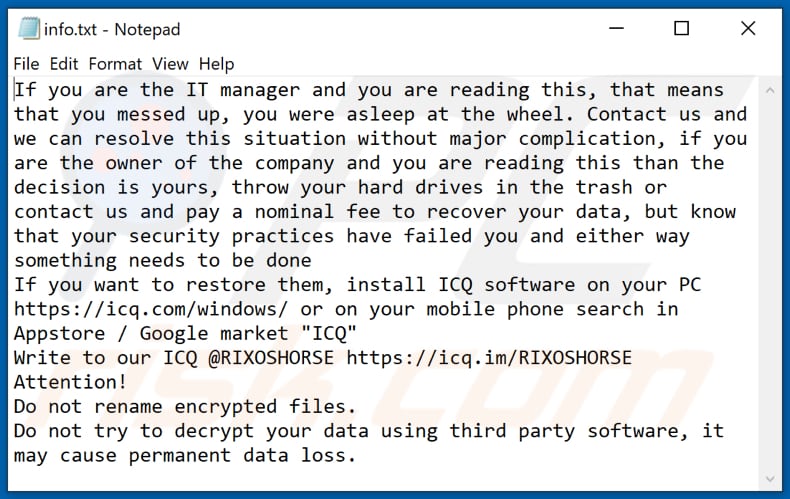 Fichier texte du ransomware HOTEL (info.txt)
