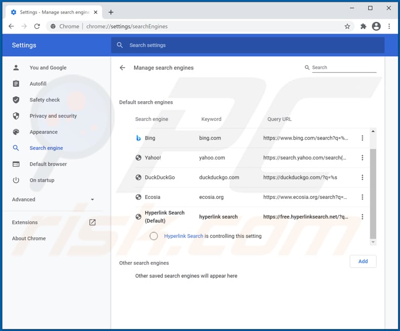 Suppression de free.hyperlinksearch.net du moteur de recherche par défaut de Google Chrome