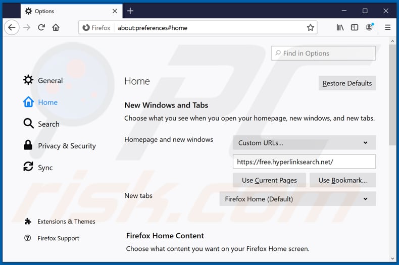 Suppression de free.hyperlinksearch.net de la page d'accueil de Mozilla Firefox
