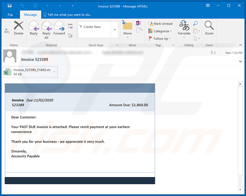 E-mail de spam sur le thème de la facture utilisé pour distribuer un document MS Excel malveillant (2020-11-03)
