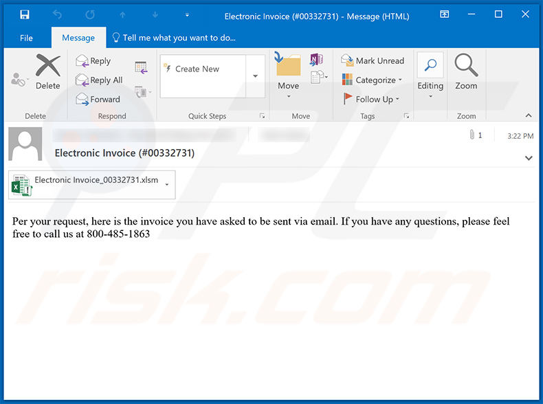 E-mail de spam sur le thème de la facture utilisé pour diffuser un document MS Excel malveillant qui injecte le logiciel malveillant Dridex dans le système