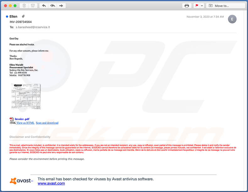 E-mail de spam sur le thème de la facture diffusant un fichier .IMG malveillant (2020-11-10)