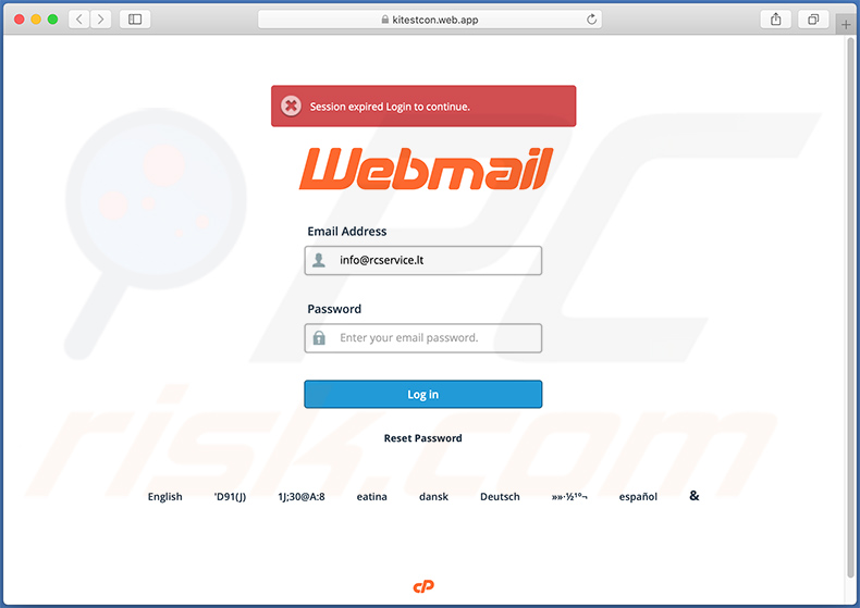 Fake Webmail login site promu via un e-mail de spam sur le thème du quota de messagerie