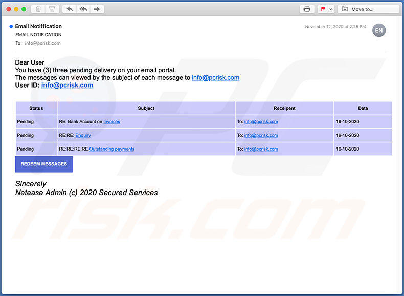 Courriel de spam sur le thème des quotas de courrier faisant la promotion d'un site Web de phishing (2020-11-17)