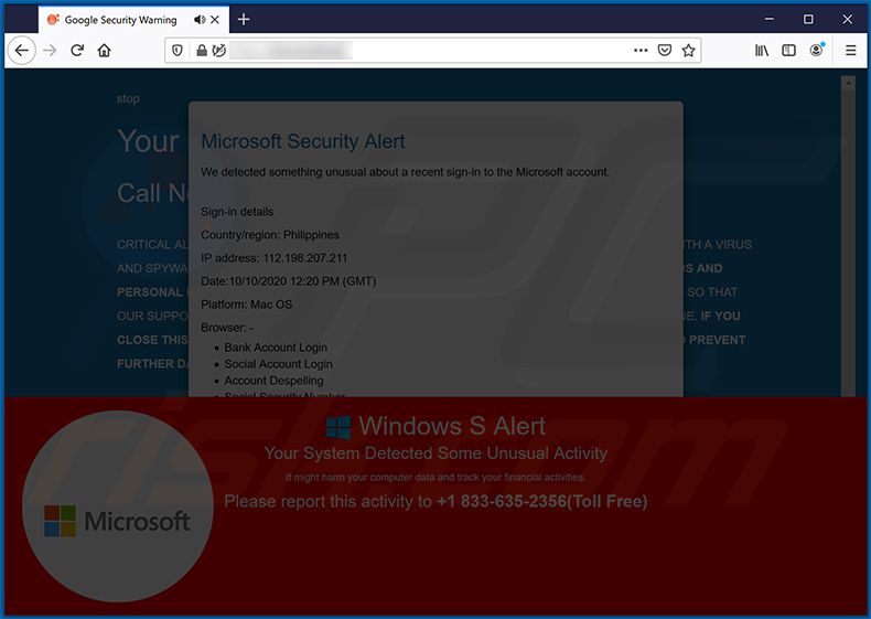 Arnaque contextuelle Microsoft Security Alert (2020-11-10)