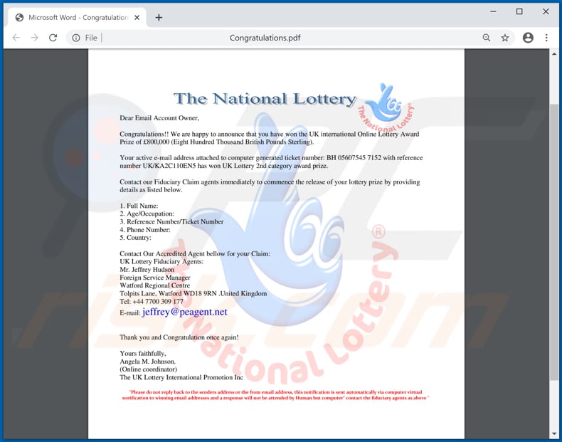 document pdf d'escroquerie par courrier électronique de la loterie nationale