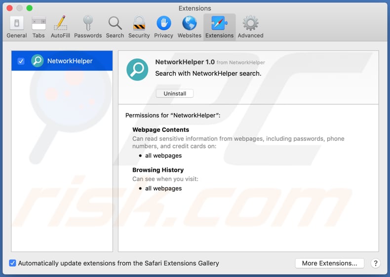 adware networkhelper installé sur safari