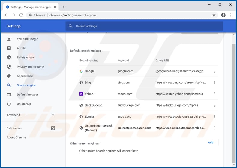 Suppression de onlinestreamsearch.com du moteur de recherche par défaut de Google Chrome