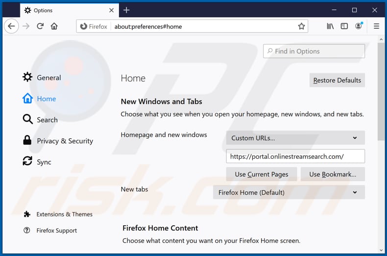 Supprimer onlinestreamsearch.com de la page d'accueil de Mozilla Firefox