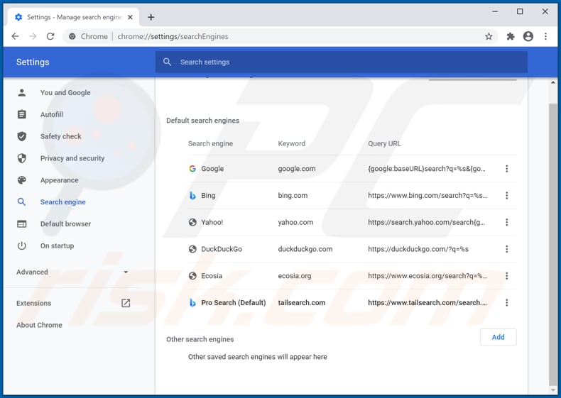 Suppression de tailsearch.com du moteur de recherche par défaut de Google Chrome