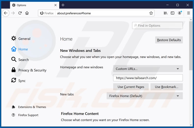 Supprimer tailsearch.com de la page d'accueil de Mozilla Firefox