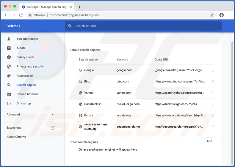 securesearch.me dans les paramètres de chrome