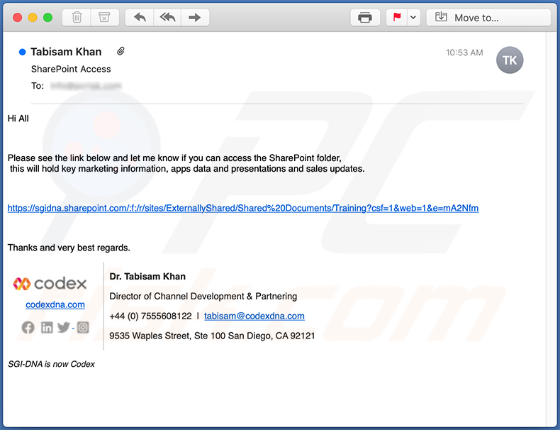Spam sur le thème de SharePoint faisant la promotion d'un site Web de phishing (2020-11-25)