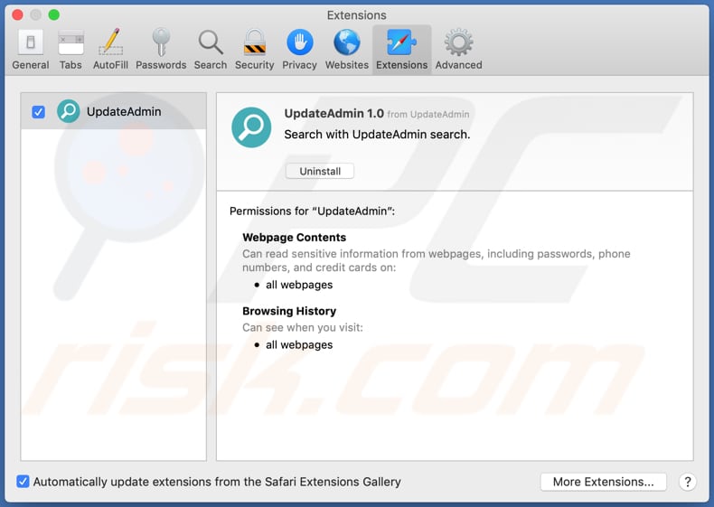 extension de safari adware updateadmin