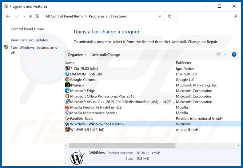 Désinstallation du logiciel publicitaire WikiNow via le panneau de configuration