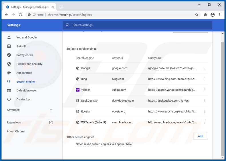 Suppression de searchnets.xyz du moteur de recherche par défaut de Google Chrome