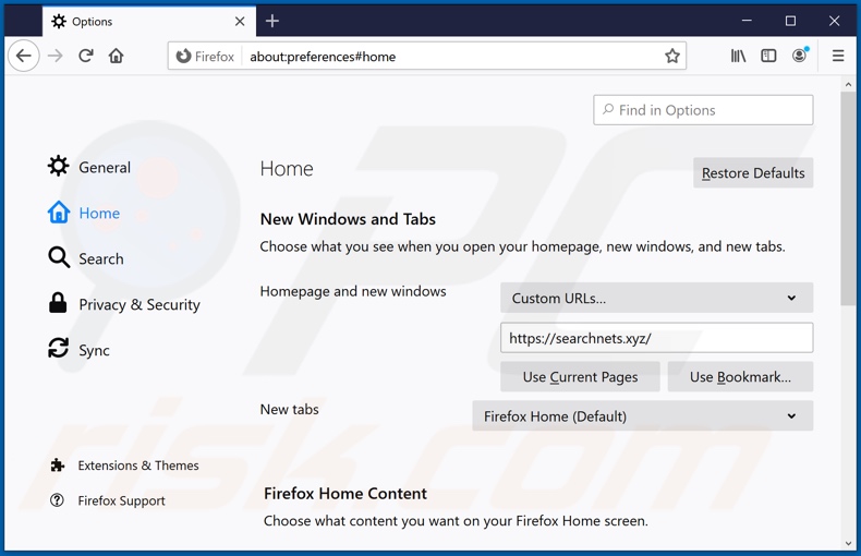 Suppression de searchnets.xyz de la page d'accueil de Mozilla Firefox