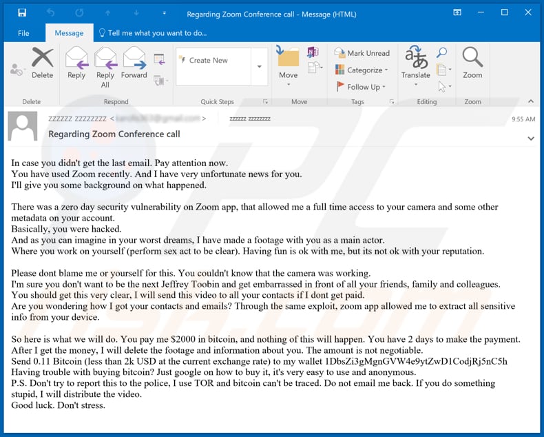 Vous avez utilisé Zoom récemment - j'ai une campagne de spam par e-mail très malheureuse
