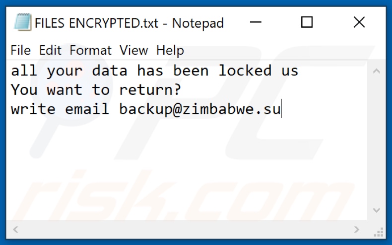 Fichier texte du ransomware Zimba (FILES ENCRYPTED.txt)