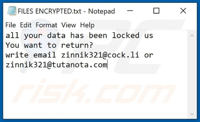 Fichier texte du ransomware ZIN (FILES ENCRYPTED.txt)
