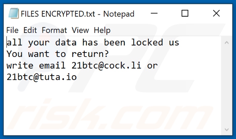 Fichier texte du ransomware 21btc (FILES ENCRYPTED.txt)