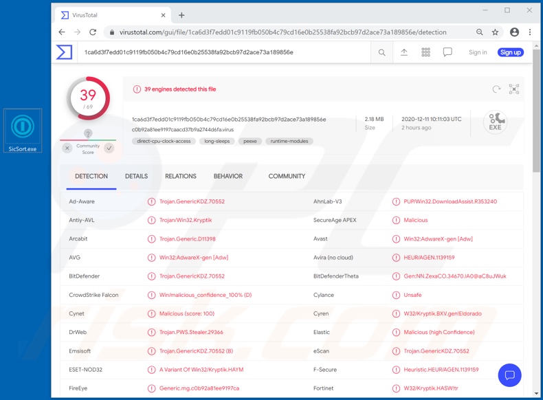 Détections de logiciels publicitaires Adrozek sur VirusTotal