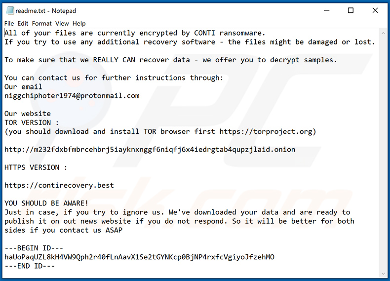 Note de rançon délivrée par la variante CONTI qui ajoute l'extension .SYTCO