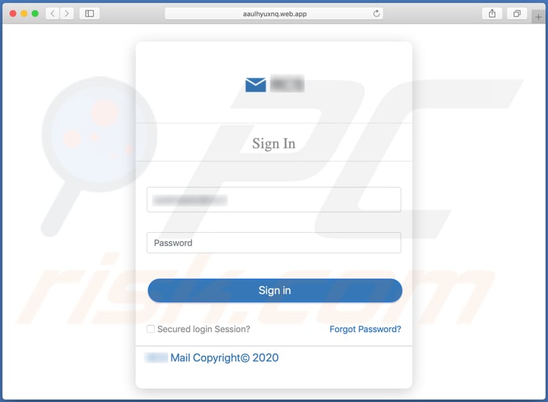 du site web utilisé par les escrocs pour inciter les destinataires à fournir leurs identifiants de connexion au courrier électronique