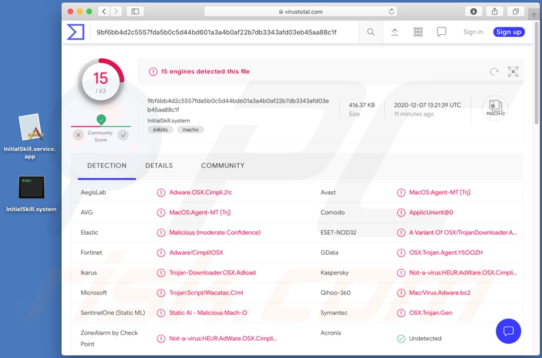 Détections de logiciels publicitaires InitialSkill sur VirusTotal