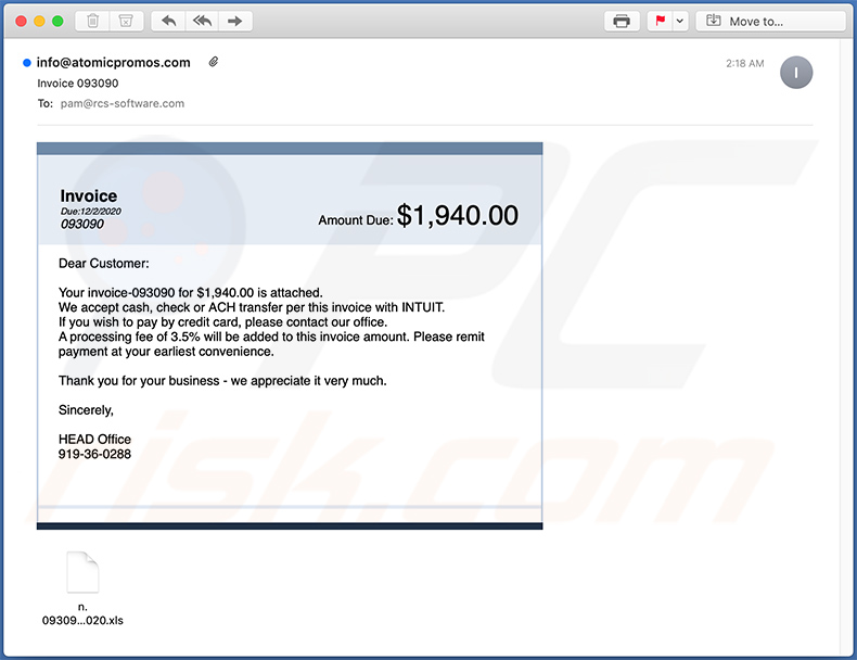 E-mail de spam sur le thème de la facture diffusant le malware Dridex