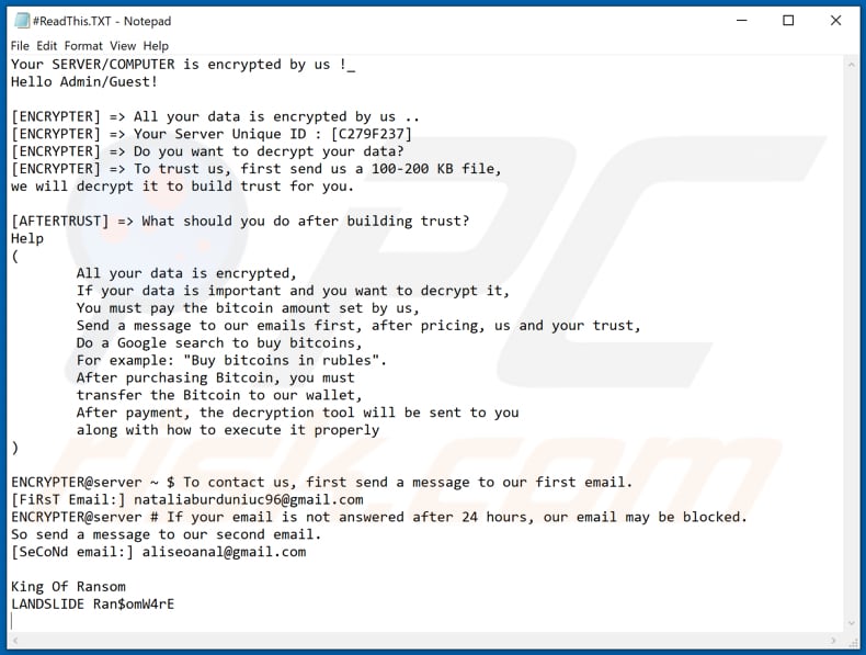 Fichier texte du ransomware LANDSLIDE (# ReadThis.TXT)