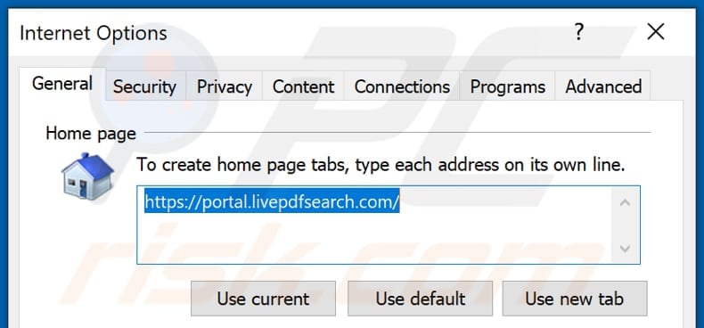Suppression de livepdfsearch.com de la page d'accueil d'Internet Explorer