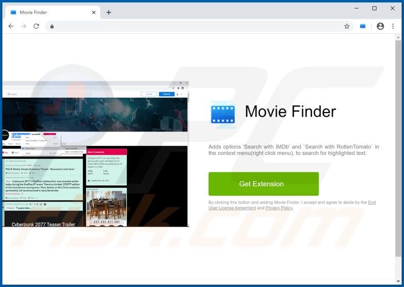 Site Web utilisé pour promouvoir l'adware Movie Finder