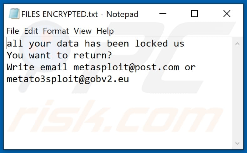 Fichier texte du ransomware MSF (FILES ENCRYPTED.txt)