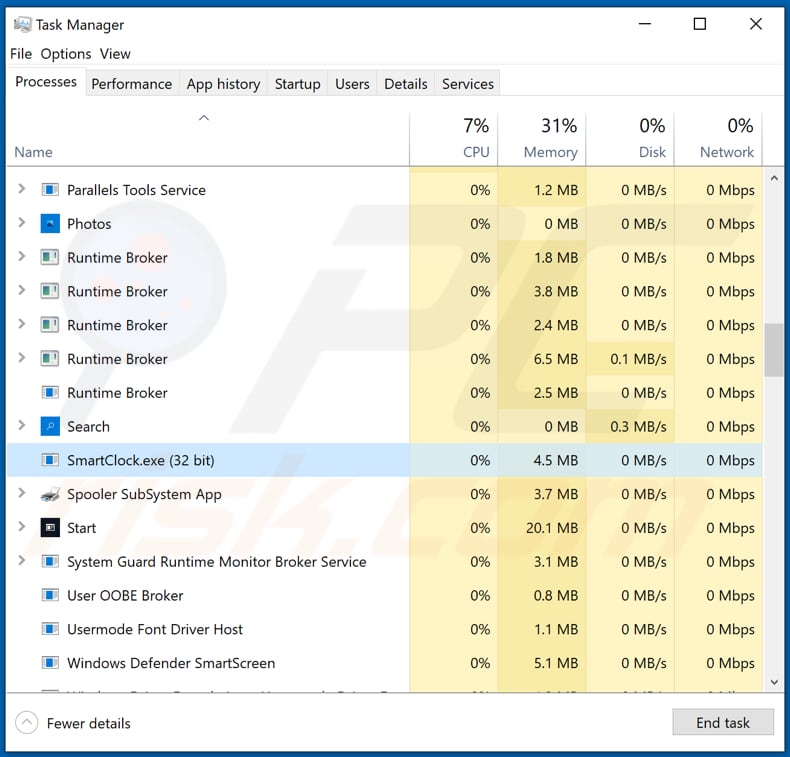 passwordstealer spyware smartclock.exe processus malveillant dans le gestionnaire de tâches