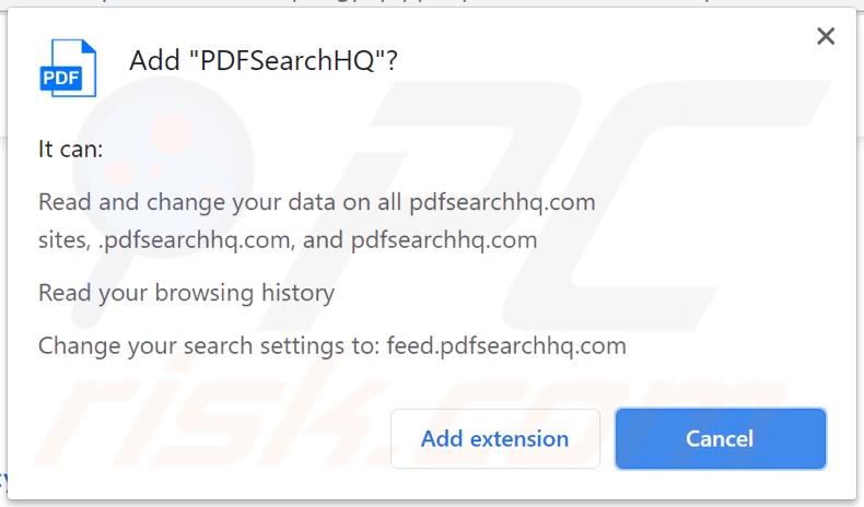 Pirate de navigateur PDFSearchHQ demandant des autorisations