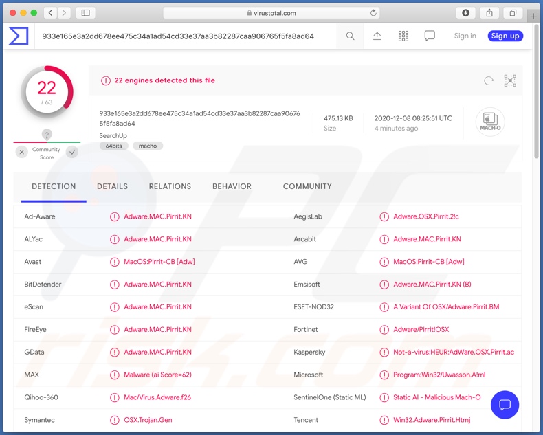 Détections de logiciels publicitaires SearchUp sur VirusTotal
