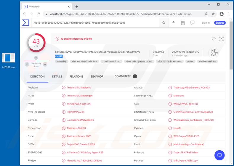 Détections de logiciels malveillants Snake sur VirusTotal