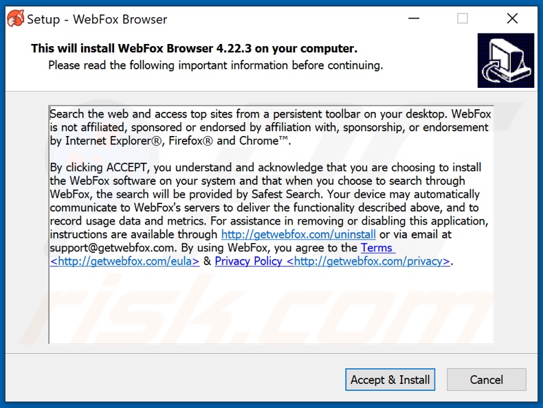 Programme d'installation de navigateur WebFox non autorisé