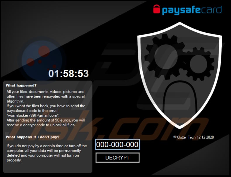 Instructions de décryptage de WormLocker (note de rançon en plein écran)